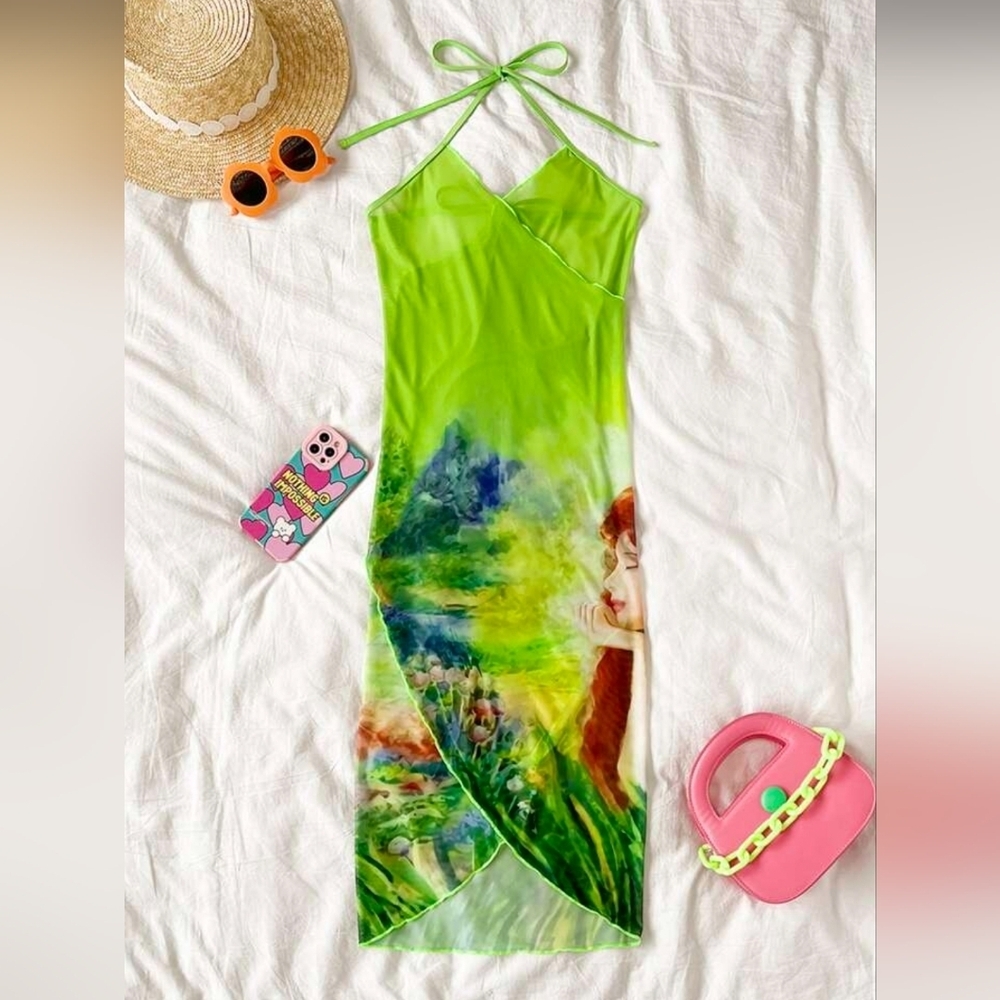Figure Graphic Halter Tie Back Asymmetrical Hem Cover Up Dress - Picture 3 of 4